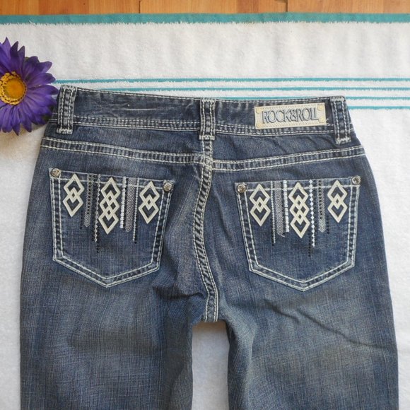 New ROCK & ROLL Cowgirl Jeans Size 29 x 34 Mid Rise Boot Cut Denim - Picture 9 of 12